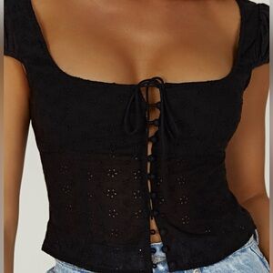 Meshki Cressida Cotton Anglaise Puff Sleeve Top - Black